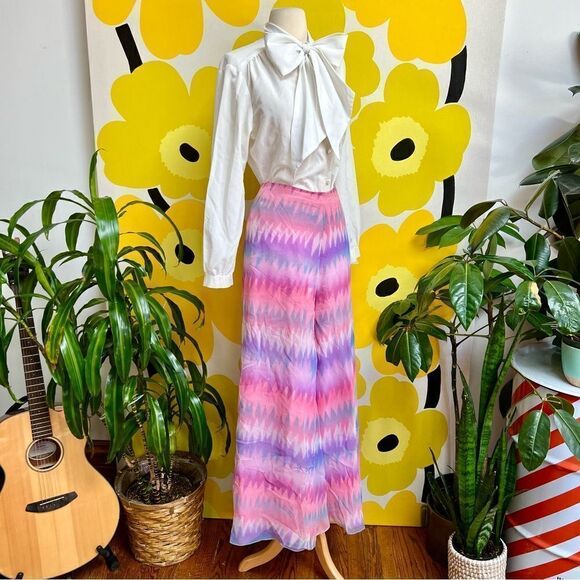 Groovy Handmade Vintage 1970s OOAK Chevron Pastel Wide Leg High Waisted Pants - Picture 1 of 5